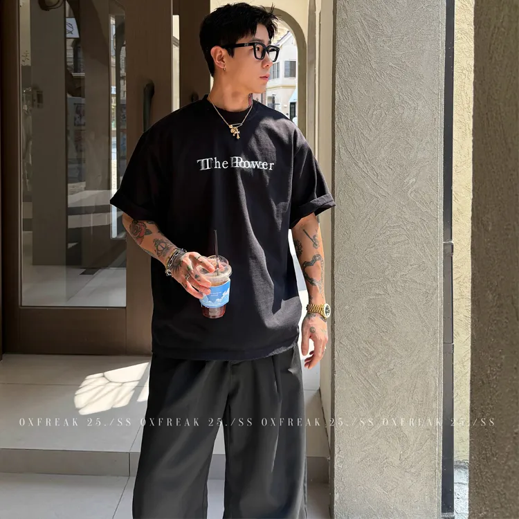 OXFREAK 「重影字母印花」360g重磅纯棉短袖t恤男宽松落肩半截袖