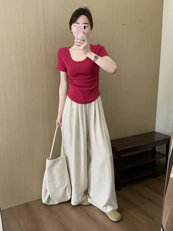 【彩虹密码】韩系U领正肩短袖t恤女螺纹棉修身显瘦上衣阔腿裤套装