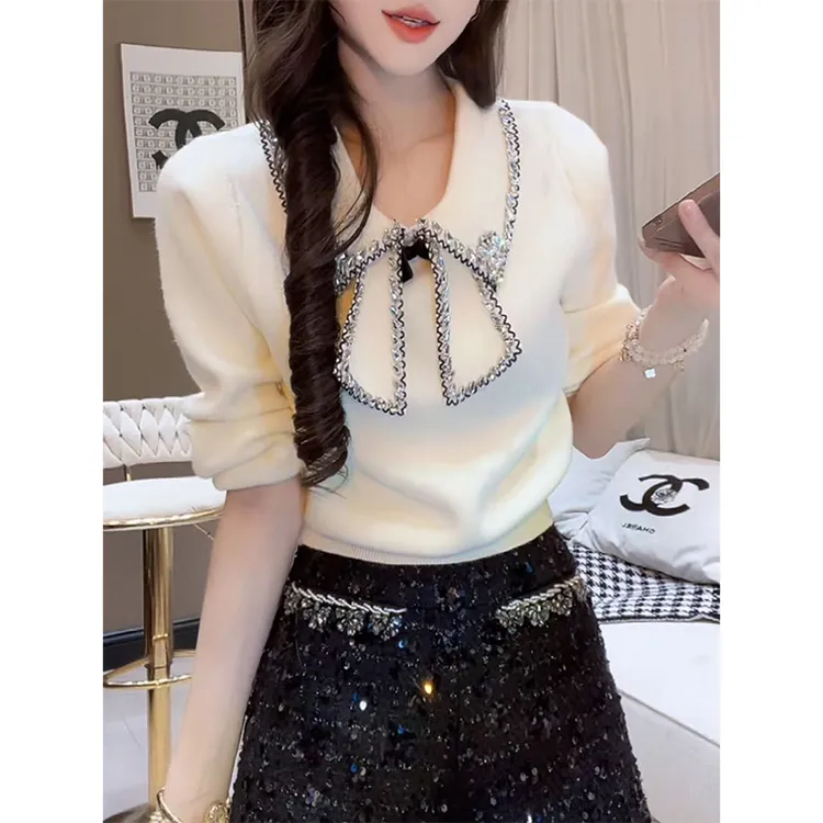 法式小香风重工镶钻减龄针织衫女2025秋冬新款精致蝴蝶结显瘦上衣