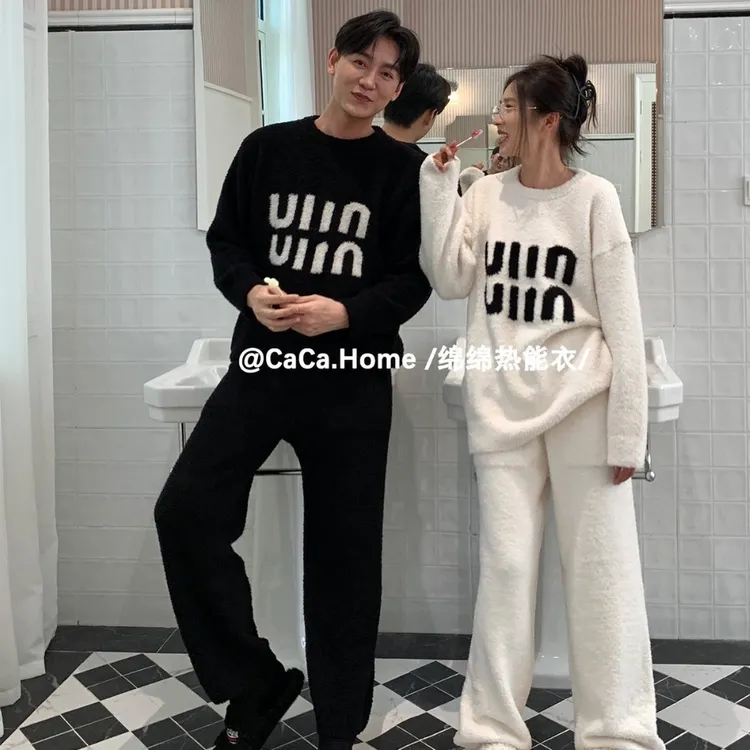 情侣睡衣女半边绒冬季加绒加厚女保暖弹力大码套装可外穿家居服