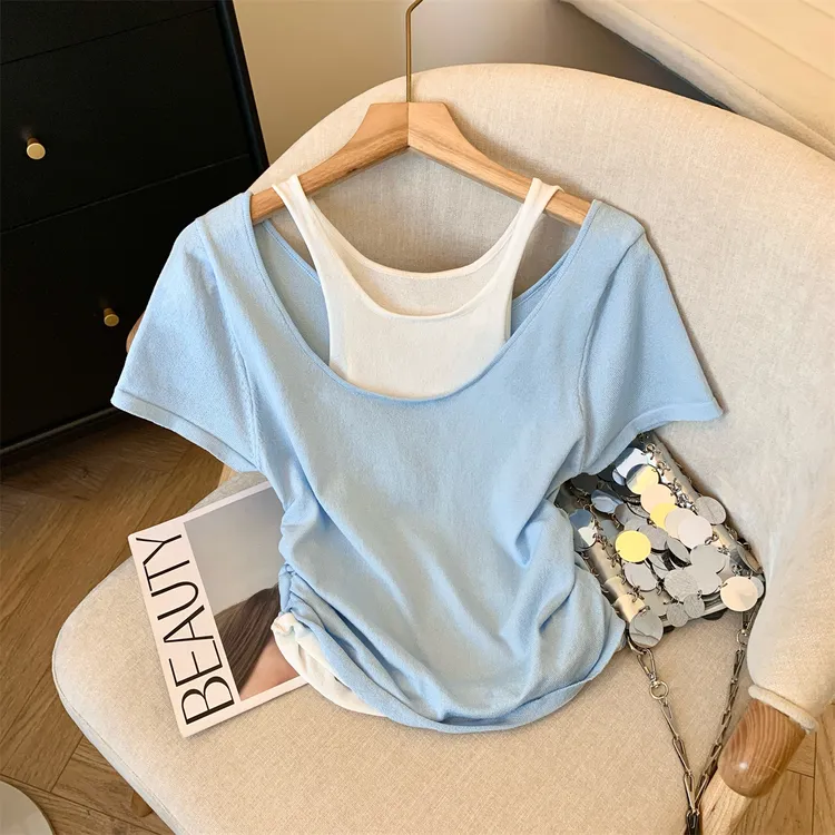 设计感假两件长袖针织衫女夏季辣妹性感露肩修身显瘦打底上衣