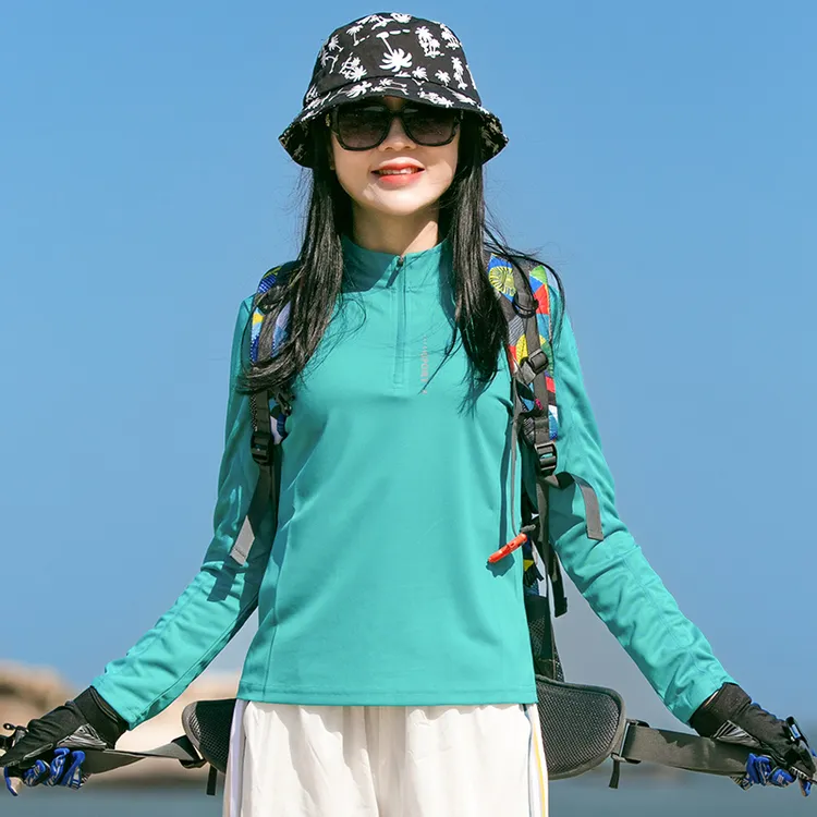 女士户外长袖立领速干衣春秋季弹力透气吸汗跑步健身运动印花上衣