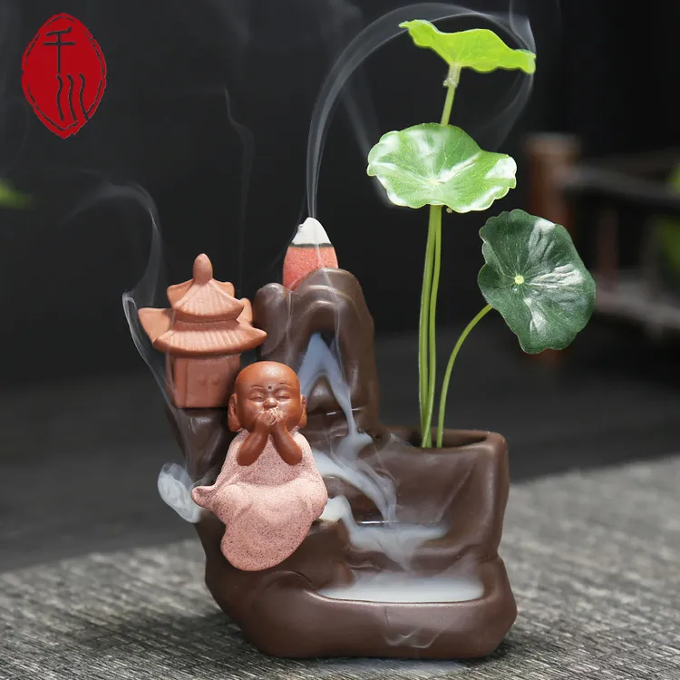 创意倒流香陶瓷小和尚摆件家居办公桌水培花器香薰炉倒流香炉