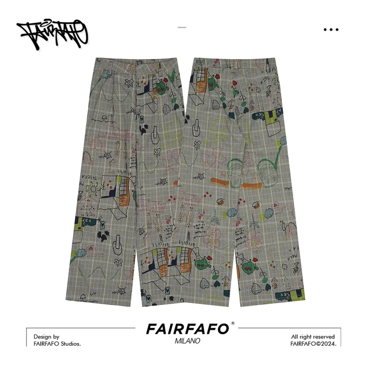 FAIRFAFO【复古涂鸦格纹西装裤】KZRJ43098时尚情侣阔腿宽松