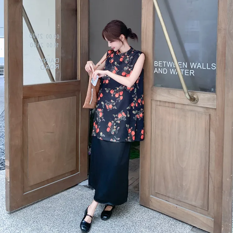 新中式柿柿如意印花旗袍式上衣醋酸半身裙2025夏季新款清冷感套装