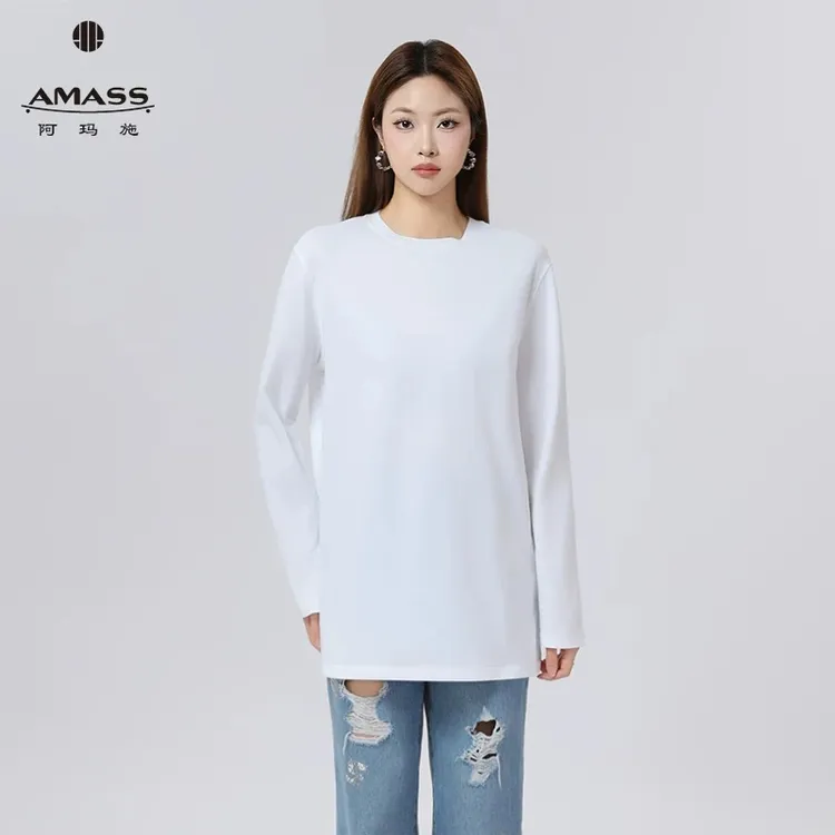 阿玛施夏季新款简约百搭衬衣圆领休闲纯棉长袖T恤宽松女款530189