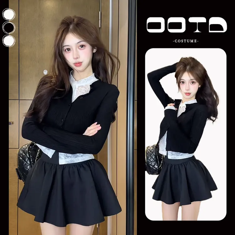 入秋一整套女装2024新款韩版蕾丝打底衫短款针织毛衣短裙三件套装