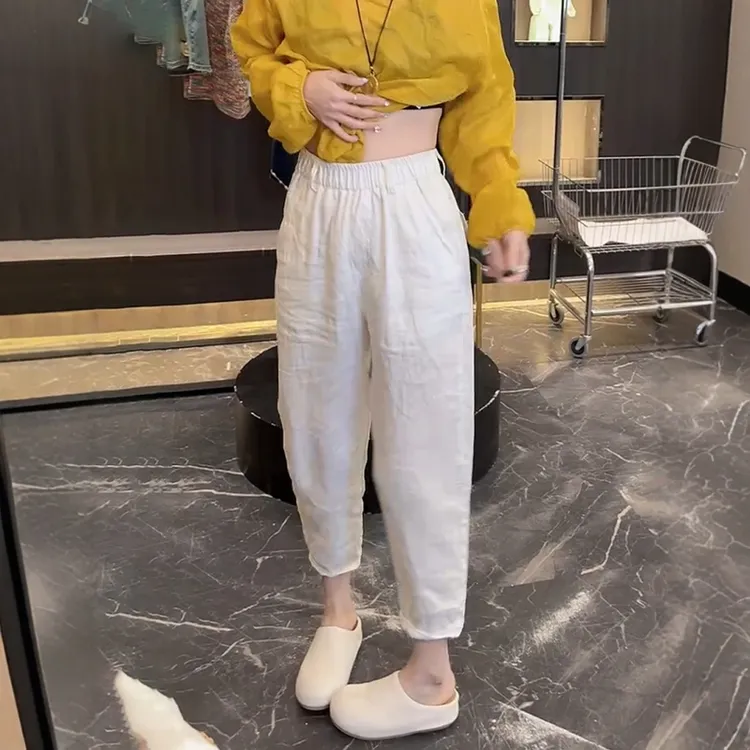 2025年夏季新款高腰亚麻哈伦裤大码女装休闲裤时尚百搭显瘦八分裤