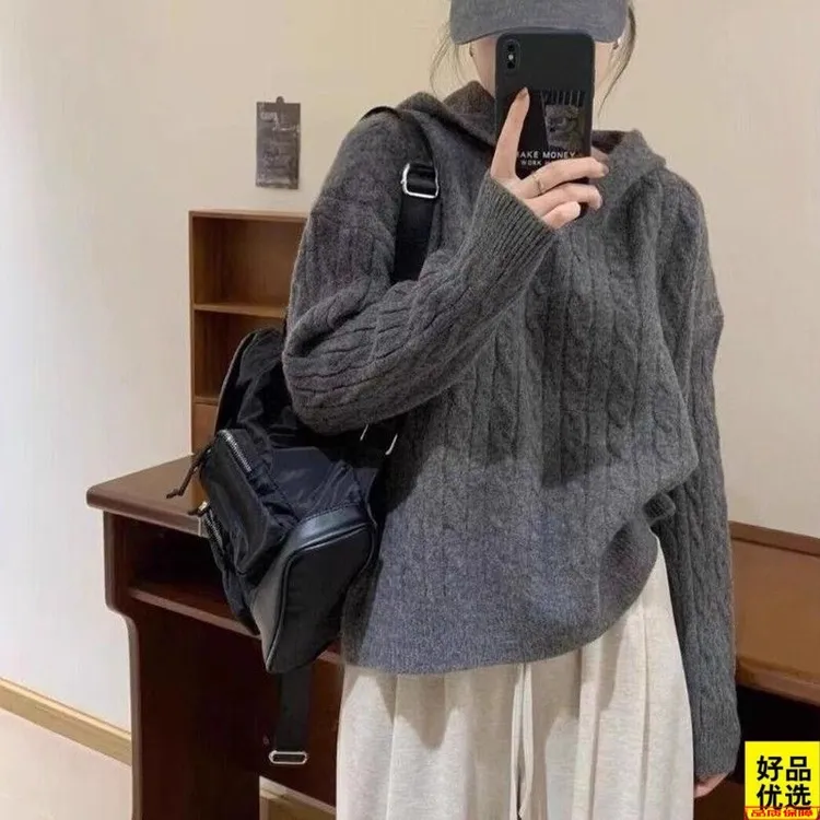 秋冬新款时尚韩系麻花连帽毛衣女宽松慵懒百搭针织衫套头上衣