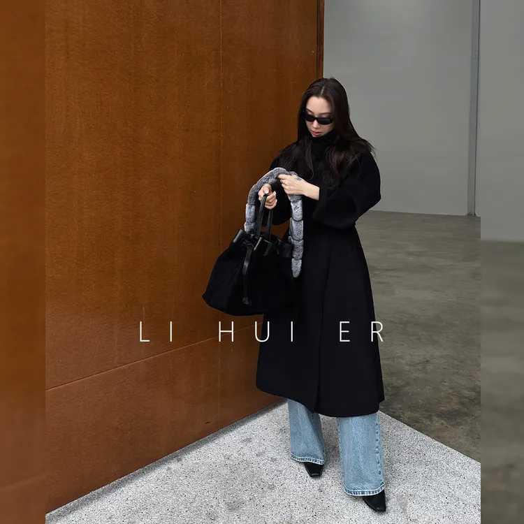 Li Hui Er【黑色幻响】秋冬季轻奢设计师款黑色大衣5068-1