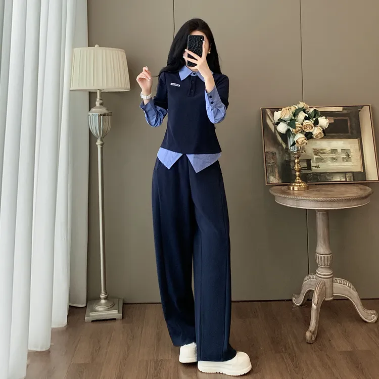 韩版休闲运动套装女秋季2025新款洋气减龄假两件卫衣直筒裤两件套