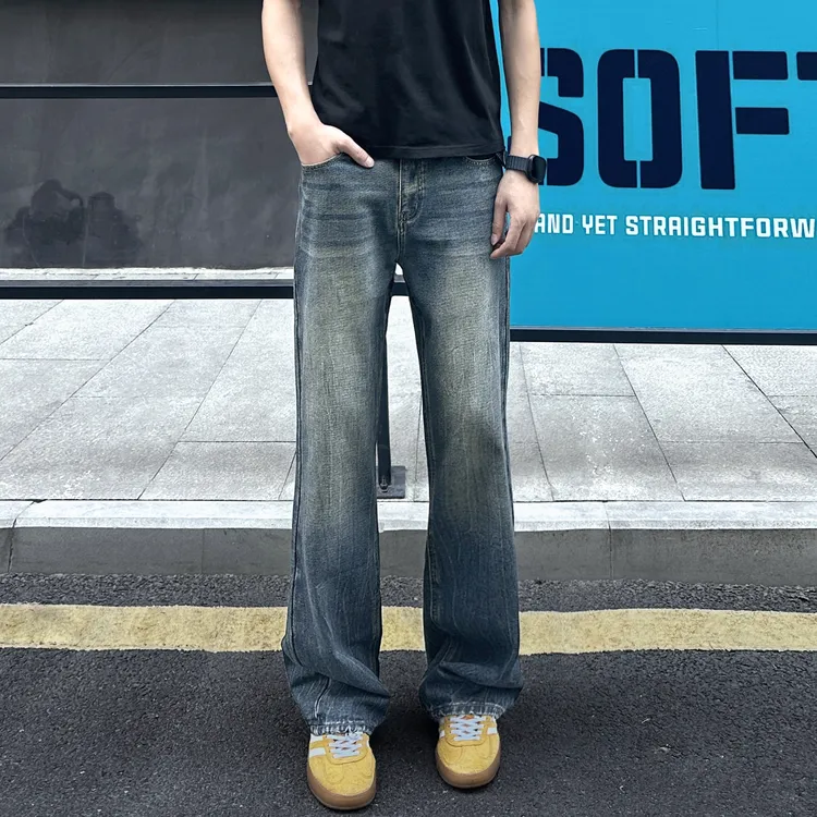 QUALCOMM美式复古显瘦微喇牛仔裤男女秋季爆款潮流闪电纹直筒长裤