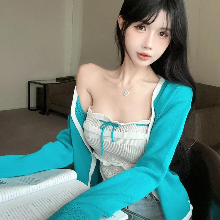 新款甜辣炸街长袖防晒衫性感时髦罩衫两件套女多巴胺服装女通勤