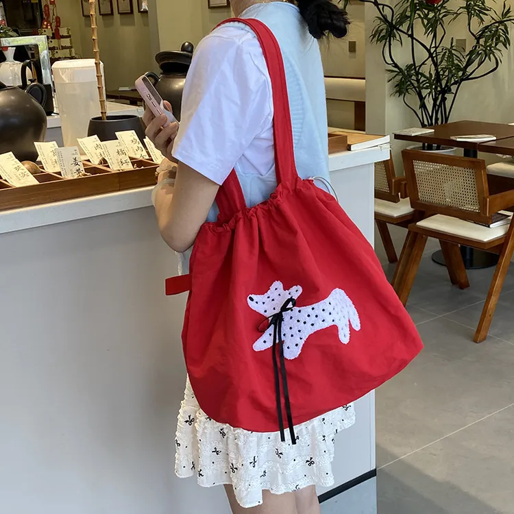 ins韩系慵懒风红色托特包大容量学生轻便通勤毛巾狗单肩帆布包包