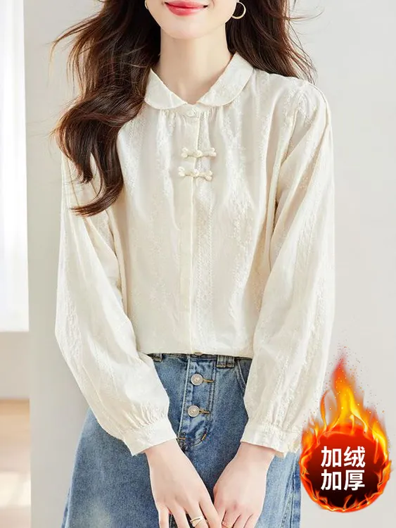 （棉）刺绣立领衬衫女2025年秋季内搭设计感长袖上衣灯笼袖