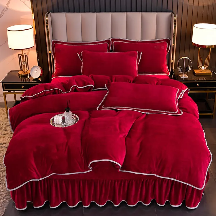 工厂直发简约毛绒纯色冬季加厚加绒床裙款牛奶绒床品四件套正品