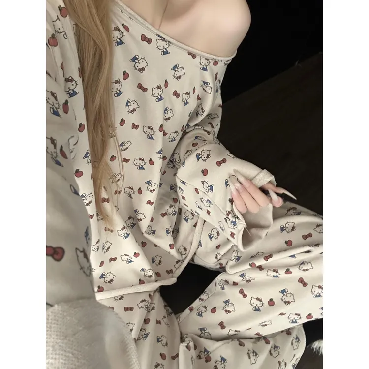 慵懒风可爱Kitty猫印花睡衣女秋冬新款长袖长裤可外穿家居服套装