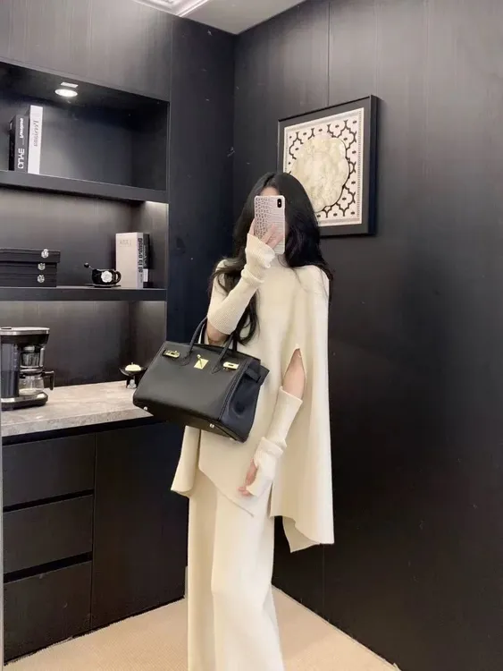 秋冬时尚设计感高端欧货慵懒风高级感蝙蝠衫上衣+袖套+直筒裤三件