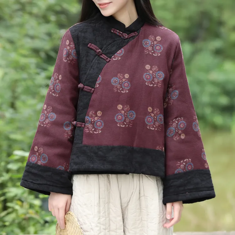 中国风立领盘扣斜襟复古短款撞色棉服女冬季新品夹棉保暖唐装上衣