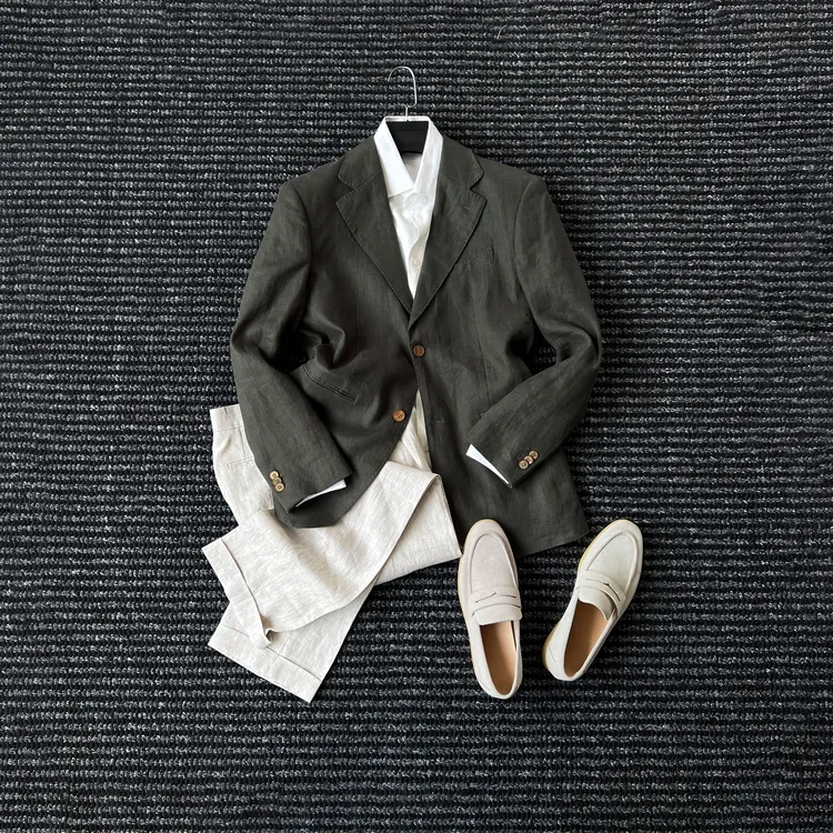 CssuGent那不勒斯高端经典平驳领100%亚麻西服男商务通勤休闲西装