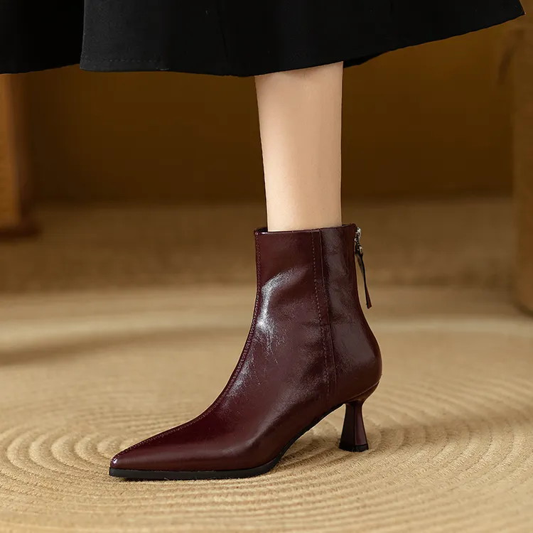法式尖头优雅高跟短靴真软皮后拉链气质时尚短筒单靴裸靴瘦瘦靴女