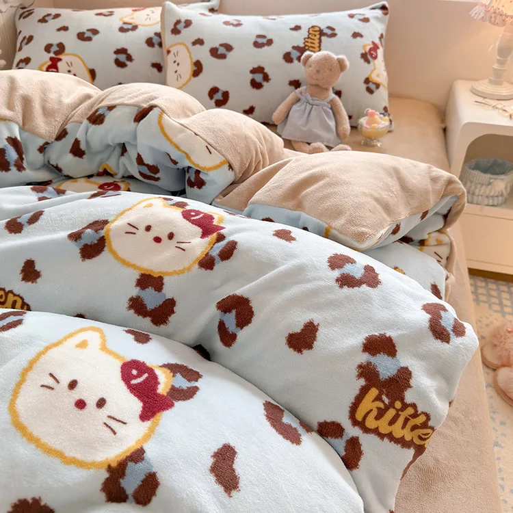 秋冬加厚牛奶四件套双面加绒小清新女大宿舍三件套保暖防静电高克