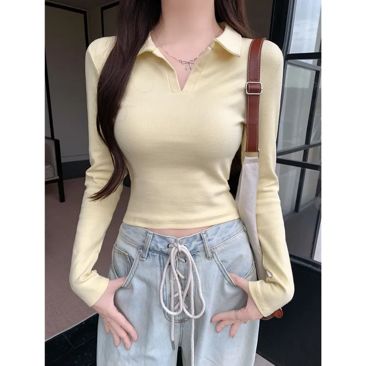 极简风秋装长袖T恤女polo领纯色打底衫通勤百搭修身显瘦内搭上衣