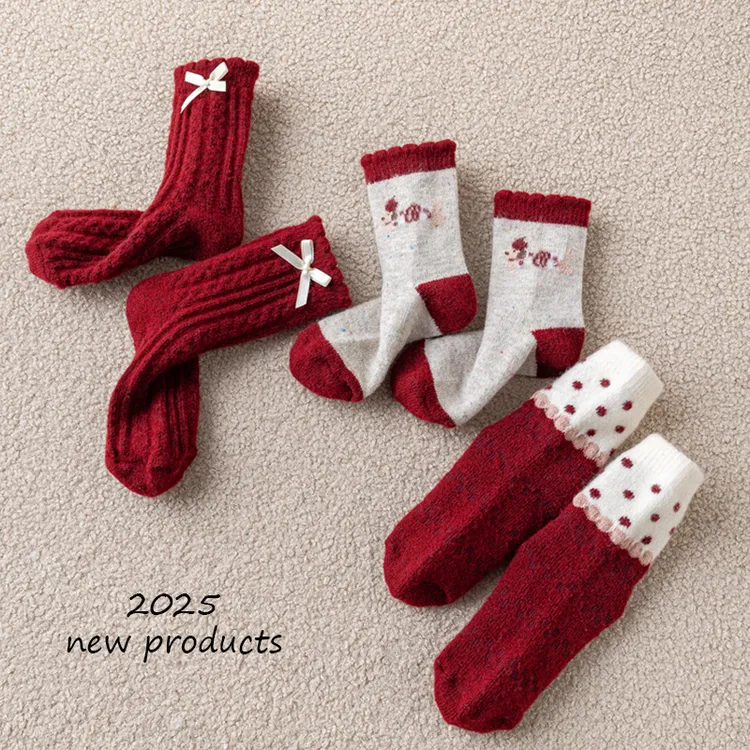 女童袜子冬季加厚保暖儿童中筒羊毛袜女孩红色喜庆蝴蝶结新年袜子