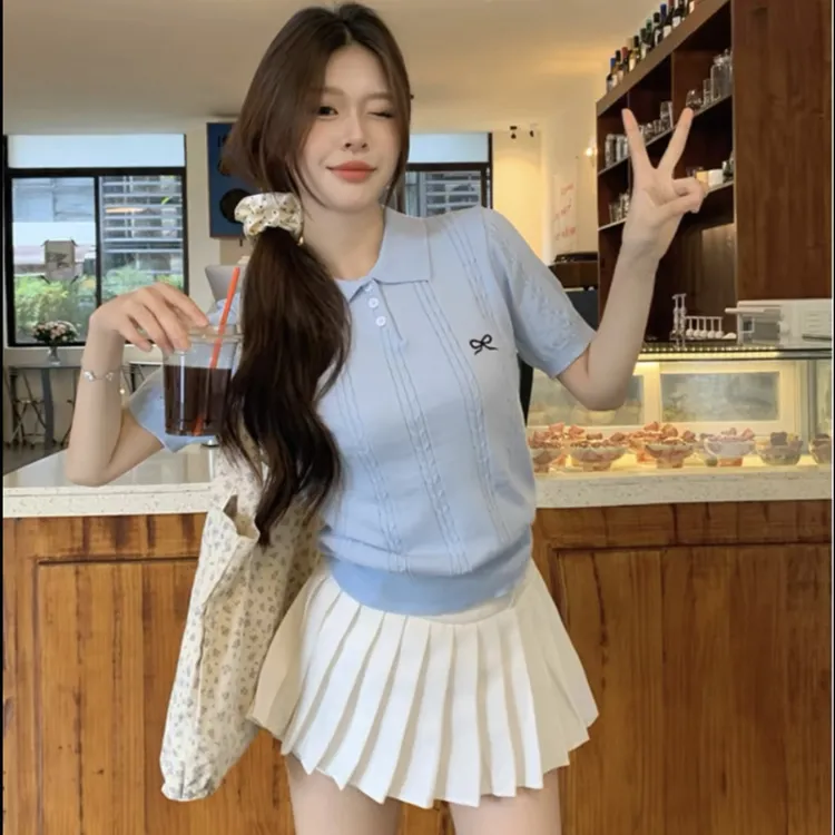 蝴蝶结刺绣polo领针织衫女装女夏季2025新款韩系气质显瘦百搭上衣