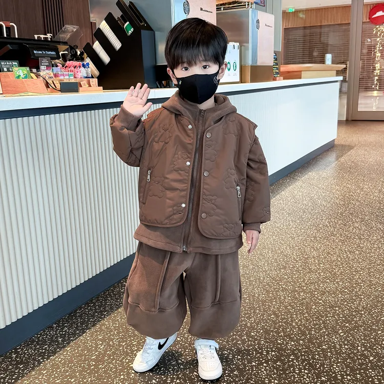 男童秋冬季三件套2025新款儿童森系衣服宝宝加绒保暖卫衣马甲套装
