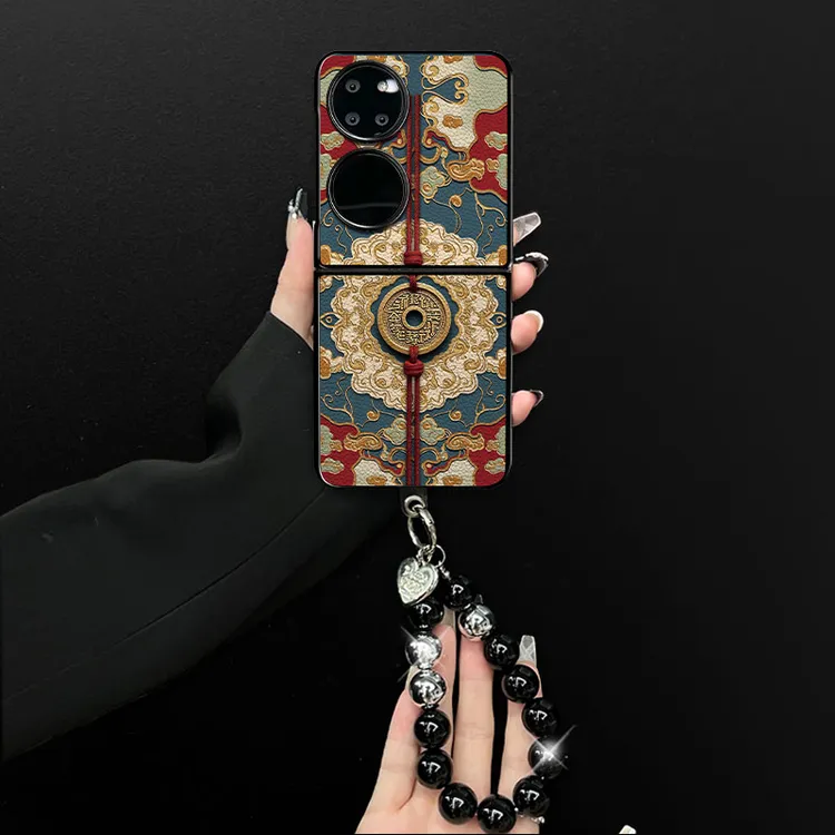 适用华为p50pocket手机壳招财铜币小羊皮折叠壳全包简约保护套