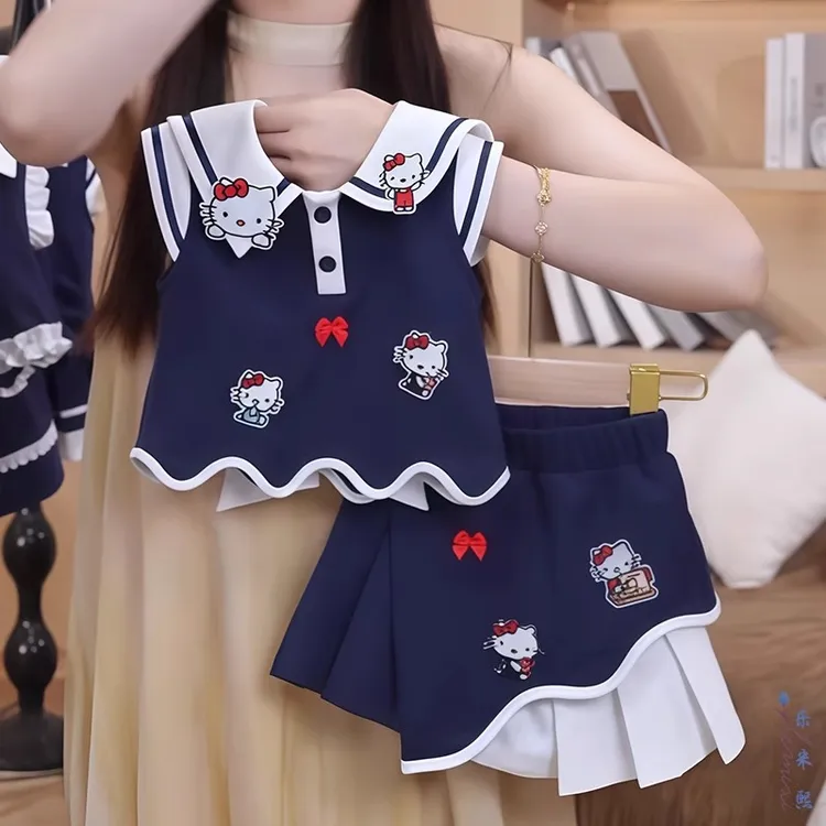 女童无袖百褶裙套装2025新款夏季学院风卡通蝴蝶结polo衫半身短裙