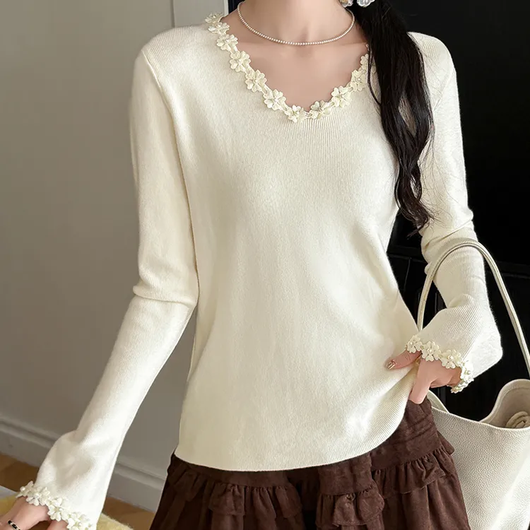 秋冬长袖毛衣重工花边领口袖子钉珠针织衫女打底衫内搭外穿