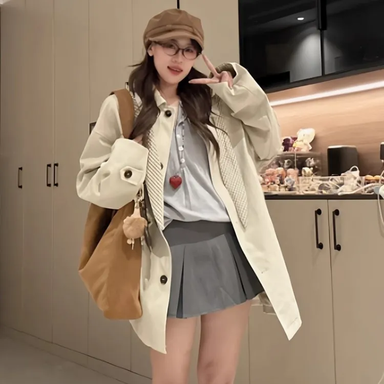 韩系老钱风小个子风衣连帽外套女早秋2025新款中长款宽松显瘦大衣