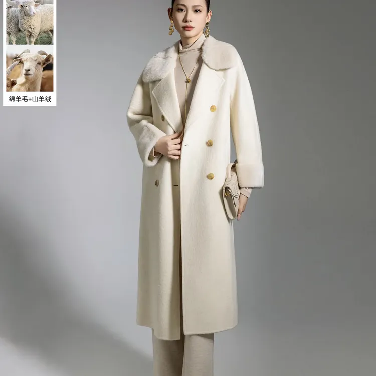 允硕新品时尚百搭气质绵羊毛休闲毛领呢子长款女装长袖大衣499166