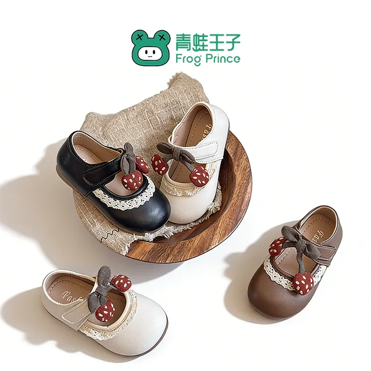 青蛙王子女童洋气可爱卡通蝴蝶结公主鞋春秋新款儿童学步鞋小皮鞋
