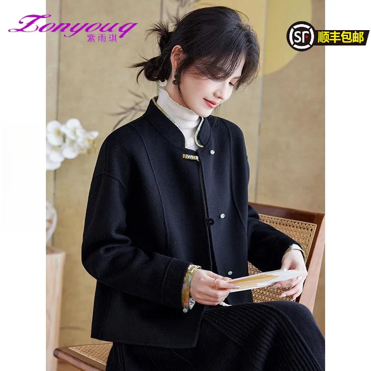 紫雨琪秋冬新中式黑色双面呢小个子毛呢大衣短款女装旗袍风外套