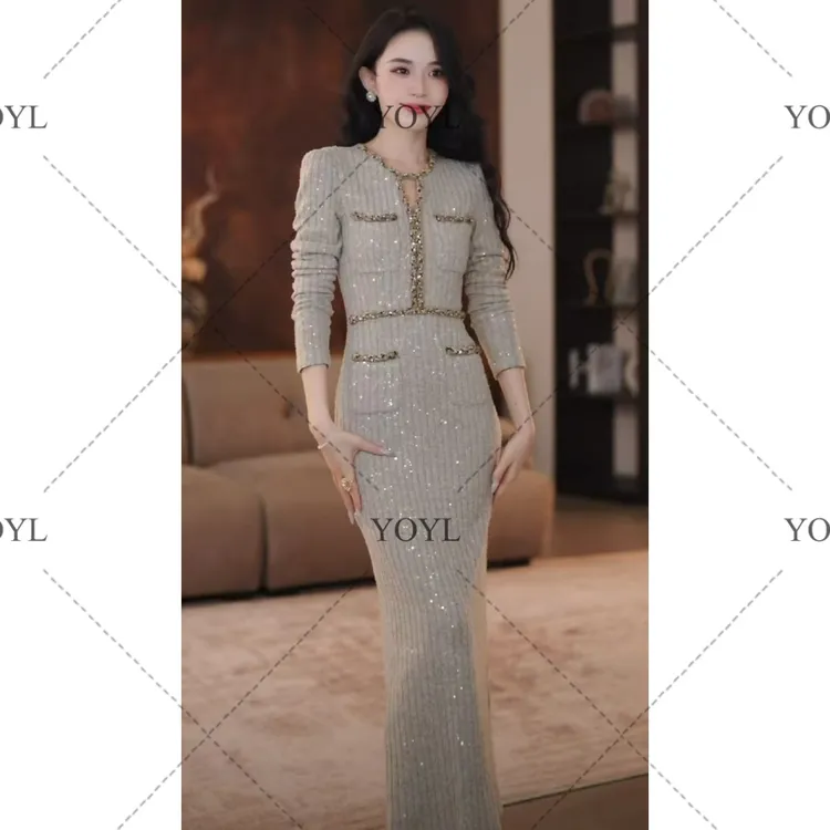 【yola】华伦灰韵冬季新款法式气质高级显瘦直筒连衣裙-YL11211