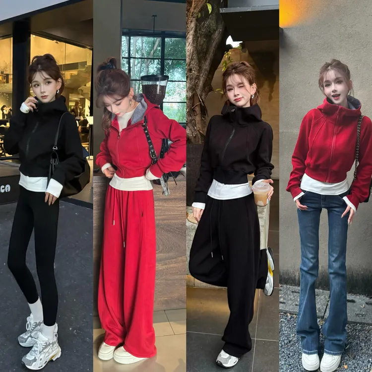 【晨日松弛感】高级感美式连帽加厚加绒卫衣外套➕卫裤两件套