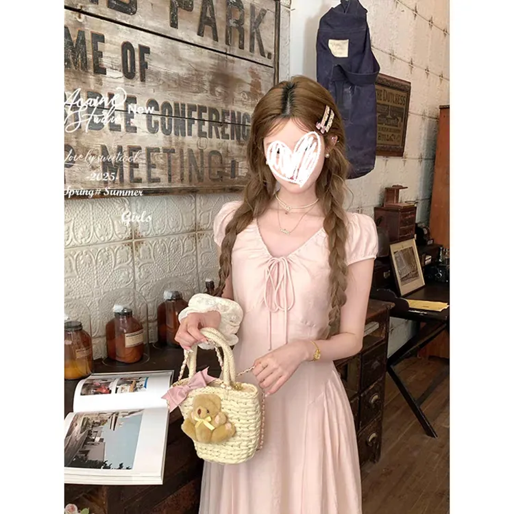 FRVXO粉色长款v领收腰短袖连衣裙女夏季法式复古宽松显瘦a字裙子