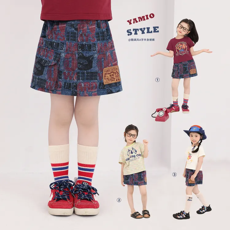 YAMIO杨梅家2026夏季新款儿童女童防走光牛仔满印短裤裙裤DG2654