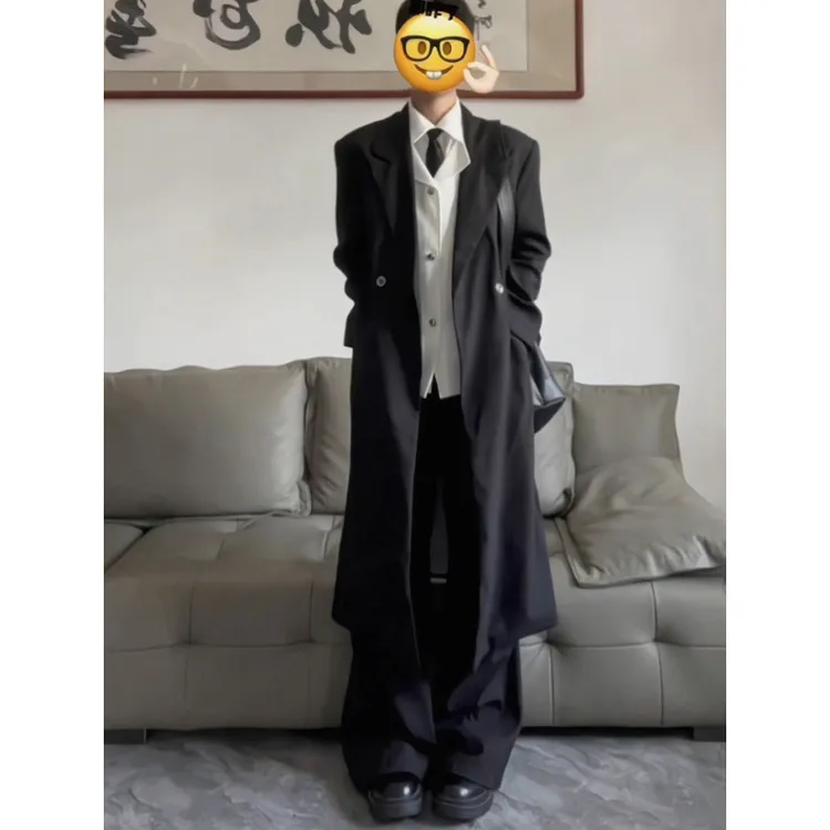 黑色双排扣中长款风衣西装外套男秋季韩系穿搭小个子过膝正肩大衣