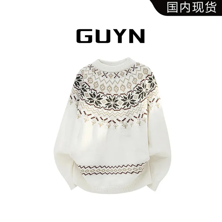 【品牌现货】GUYN白色港风复古设计感宽松慵懒风圆领套头毛衣男女款