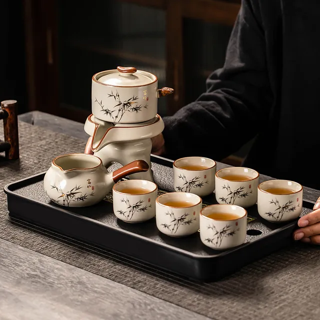 汝窑自动茶具套装2025新款家用防烫石磨泡茶壶办公室懒人泡茶神器