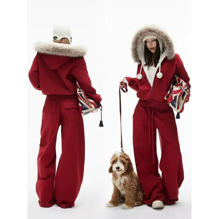 高比例棉感定染熔岩红连帽环保毛领加绒卫衣+弯刀卫裤套装  60063