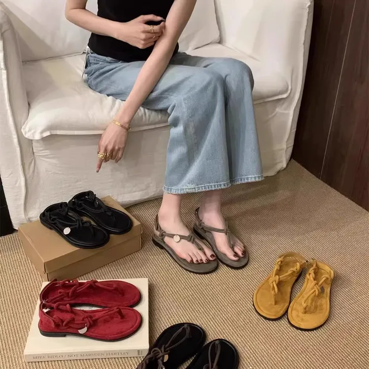 森系复古编织夹趾罗马凉鞋女2025夏季新款软平底简约百搭沙滩拖鞋