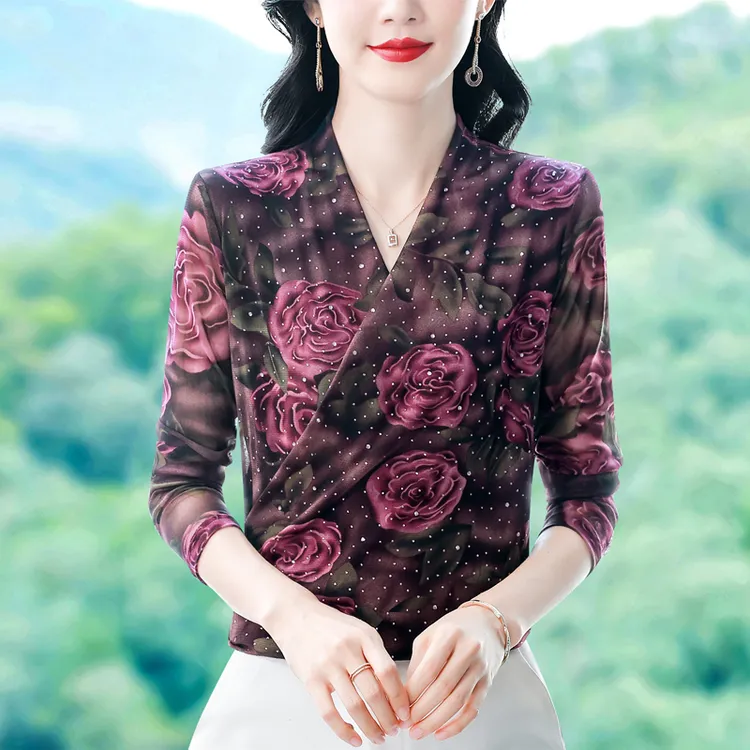 网纱烫钻V领长袖打底衫女秋洋气百搭时尚小衫设计感气质妈妈上衣