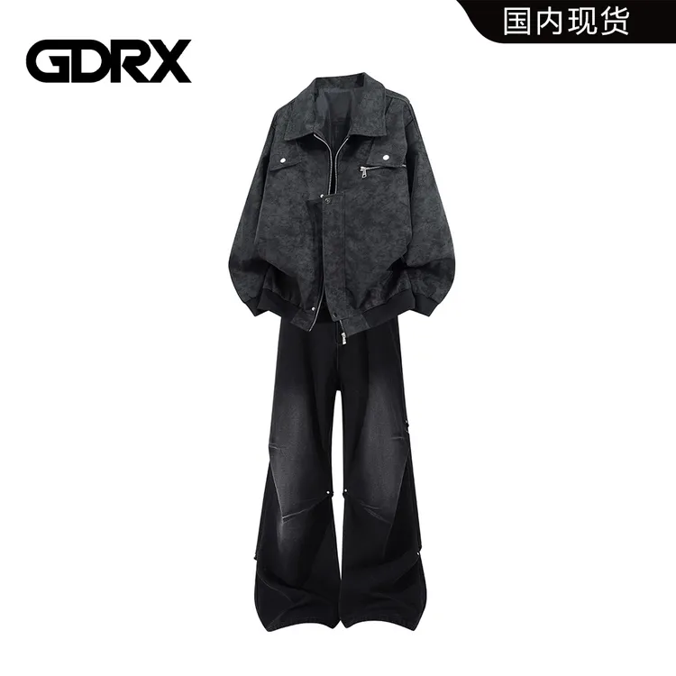 GDRX美式复古风皮衣外套休闲套装2025秋冬潮流轻奢牛仔裤两件套