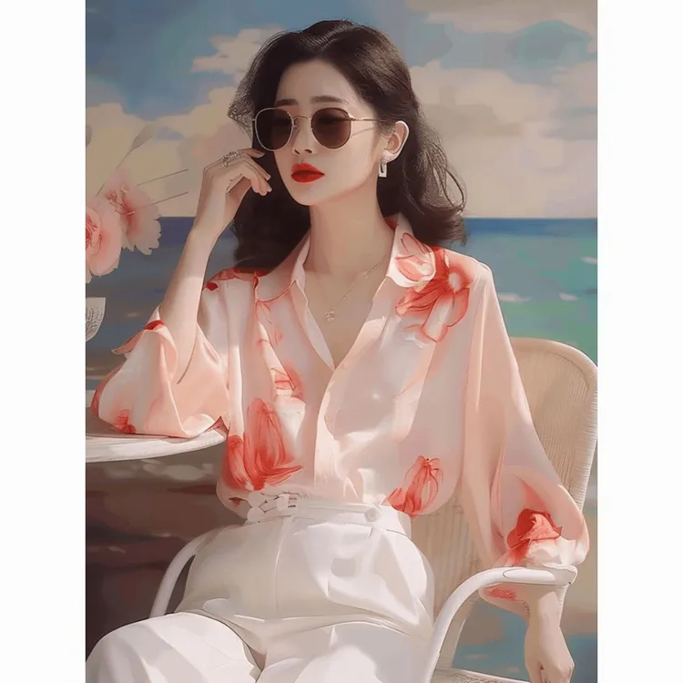 今年流行橘色碎花POLO领衬衫四季新款拼接印花长袖宽松显瘦时尚百