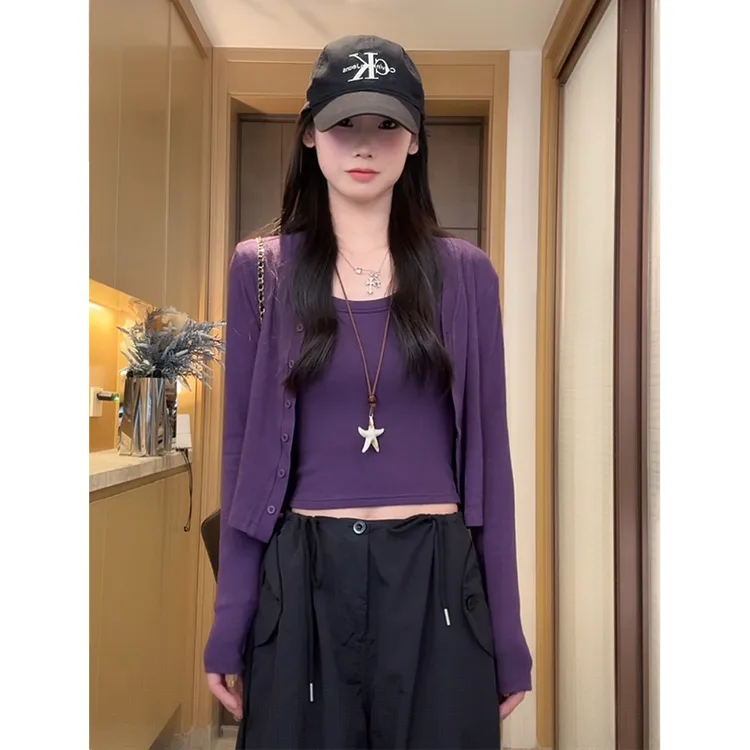 2025早秋新款纯欲风长袖开衫女薄款外套+简约百搭背心时尚套装